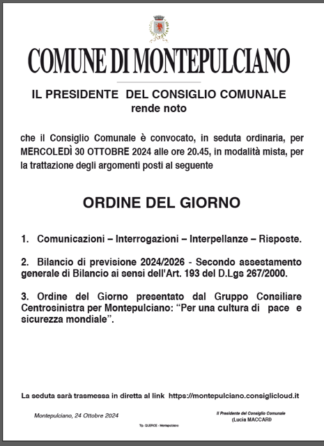 convocazione consiglio comunale 30 ottobre 2024