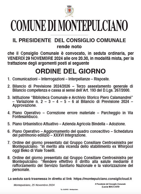 ordine del giorno del consiglio comunale del 25 novembre 2024